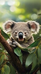 Fototapeta premium Adorable koala perched on a tree branch surrounded by lush green leaves in a tranquil forest setting
