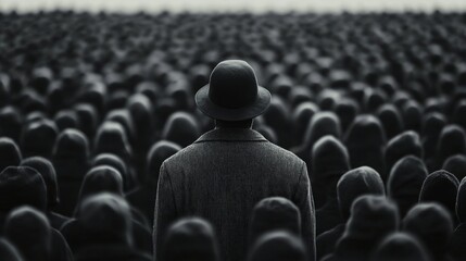 Obraz premium A lone figure in a bowler hat stands amidst a sea of hooded individuals.