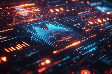 Obraz premium Floating holographic graphs over an abstract background, with glowing data points, vibrant digital elements, and dynamic geometric patterns creating a futuristic display.