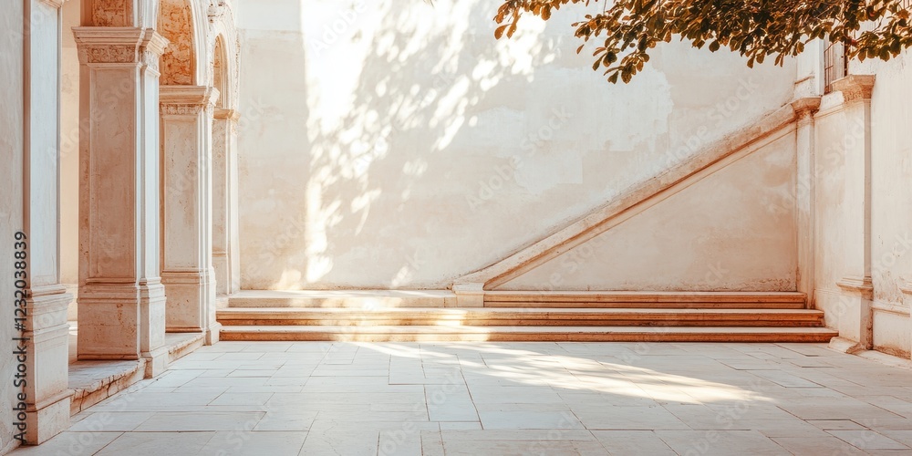 Poster a serene architectural space with warm light illuminating clean lines and soft shadows.