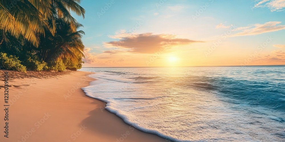 Wall mural a serene beach at sunset with gentle waves and palm trees swaying in the breeze.