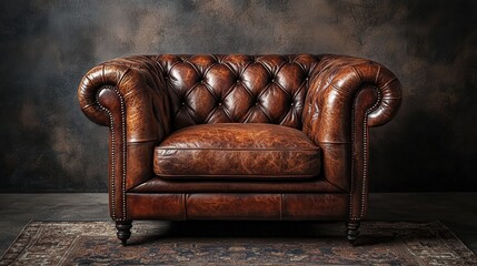 Elegant brown leather sofa with tufted upholstery against a textured backdrop, exuding vintage charm and comfort.