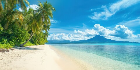 A serene beach with clear water, palm trees, and distant mountains under a clear blue sky.
