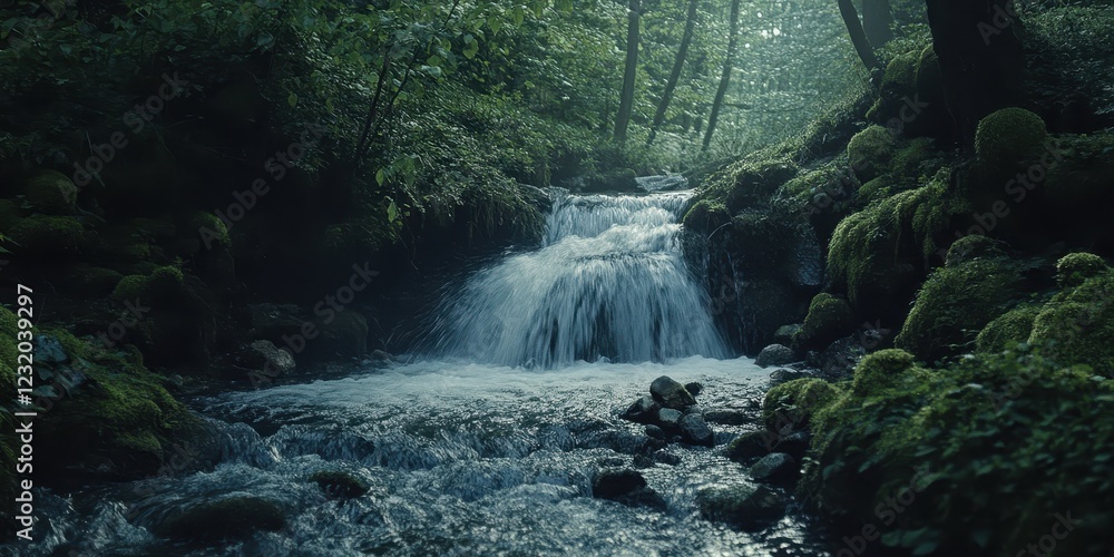 Poster a serene forest scene featuring a gentle waterfall cascading into a tranquil stream.
