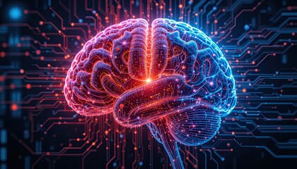 Fototapeta premium fBig Data and AI An illuminating image of a human brain intertwined with a processor, effectively illustrating the evolution of technology through big data and artificial intelligenceuu