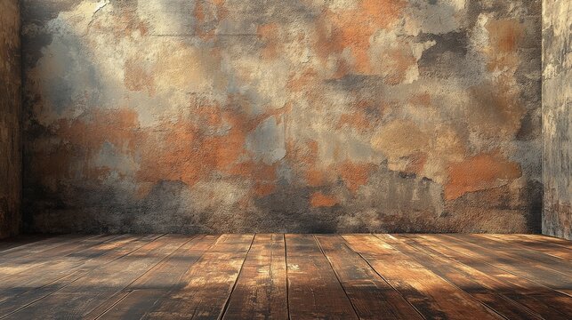 Grungy interior with textured walls and wooden floor, perfect for artistic photography or background imagery.