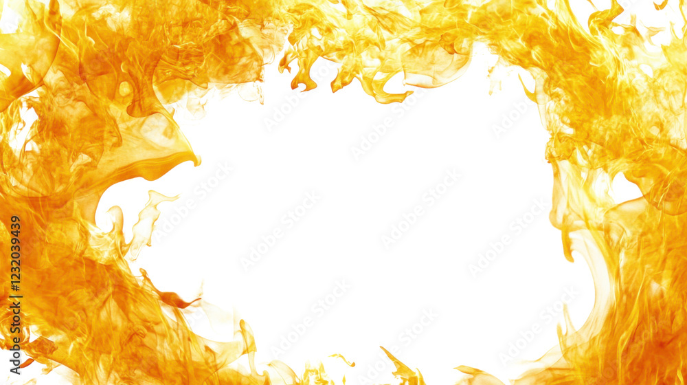 Poster burning fire flames creating a frame border on a transparent background