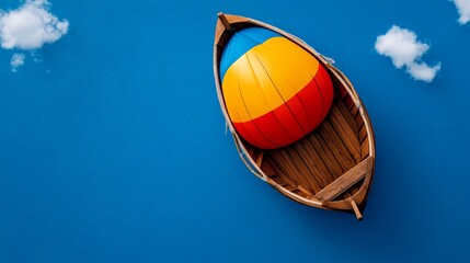 Obraz premium Boat and Beach Ball on Water: A wooden boat floats on tranquil water, with a beach ball in it. The vibrant hues of the beach ball contrast against the calm water.
