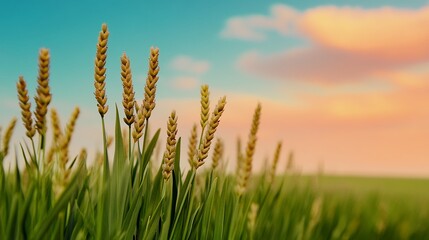 Fototapeta premium Serene Sunset Landscape with Vibrant Sky and Lush Green Grass Field