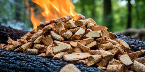 Wood Pellets on Charred Log with Fire Background