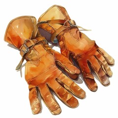 Vintage Brown Leather Gloves Watercolor Painting Detailed Handcrafted Illustration