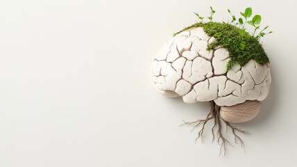 A surreal depiction of a brain decaying, with roots and vines growing out of it