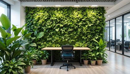 fEmployee-Centric Office A vibrant image of an employee-centric office space featuring a vertical green wall and an abundance of plants that promote well-being and creativity.uu