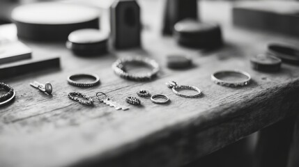 Close-up of various silver jewelry pieces arranged on a rustic wooden table.