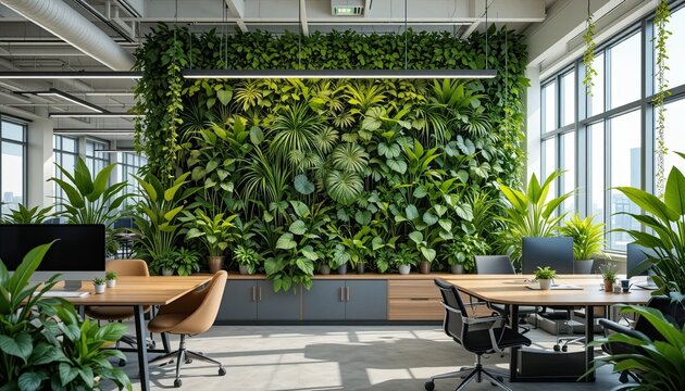 fEmployee-Centric Office A vibrant image of an employee-centric office space featuring a vertical green wall and an abundance of plants that promote well-being and creativity.uu