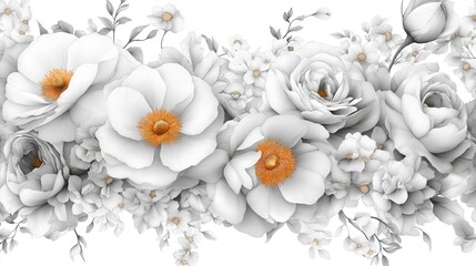 Beautiful white floral arrangement with delicate details and vibrant orange centers showcasing nature's artistry in a minimalist style. Generative AI