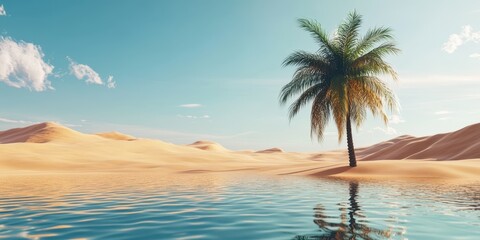 A serene oasis in a vast desert, featuring a palm tree and tranquil water reflections.