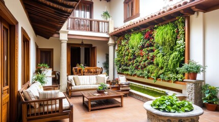 Fototapeta premium Sunlit courtyard with wooden furniture, a vibrant vertical garden, and a tranquil water feature.