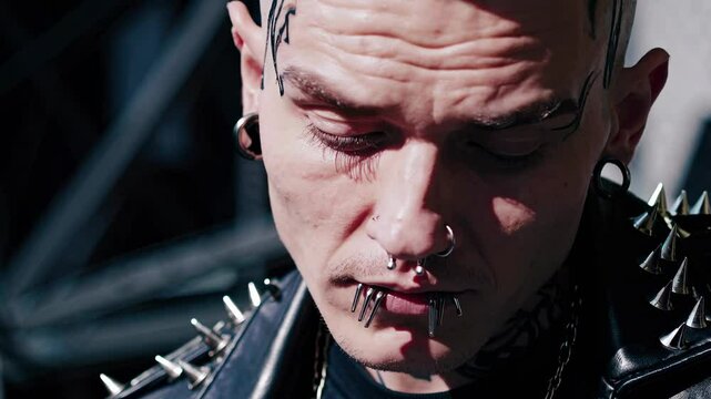 Intense young punk rocker sporting green mohawk, displaying bold facial tattoos and piercings while expressing diverse emotional states against minimalist backdrop