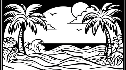 Tropical beach sunset, ocean waves, palm trees, tranquil scene; ideal for vacation designs