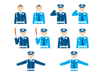 男性警備員のポーズセット　敬礼・誘導・立ち入り禁止