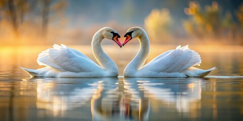 Fototapeta premium Two elegant swans entwined necks gazing lovingly at each other on a serene lake waters, scenery, lake, scenery, lake, peaceful, pair