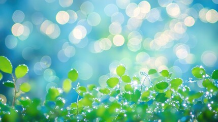 Obraz premium Dewy green leaves with bokeh background.