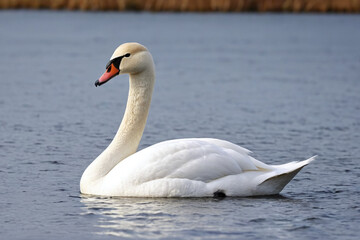 Fototapeta premium White swan floating on a calm body of water. The swan, with its pristine white feathers and elegant curved neck, stands out against the serene blurred background