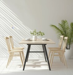 A modern dining setup featuring a wooden table, four chairs, and a vase of flowers, enhanced by natural light and leafy greenery.