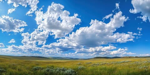 A stunning panoramic view of a vibrant green field under a bright blue sky with clouds.