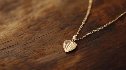 Gold leaf heart pendant necklace on wood.