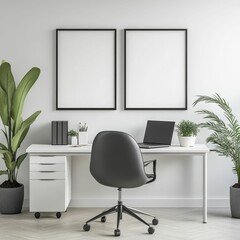 A minimalist home office featuring a sleek desk, ergonomic chair, and decorative plants against a light-colored wall with empty frames.