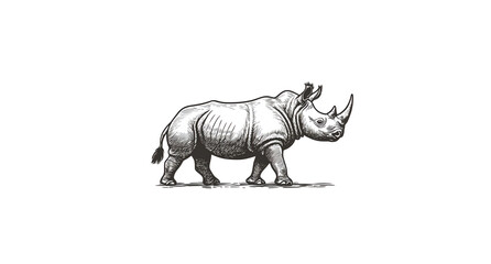 Fototapeta premium Baby rhinoceros, walking to the right side of the screen, full body, vector line art, letterpress style black lines in a woodcut engraving on a white background, woodblock print, high resolution, 