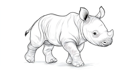 Baby rhinoceros, walking to the right side of the screen, full body, vector line art, letterpress style black lines in a woodcut engraving on a white background, woodblock print, high resolution, 