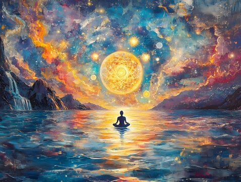 silhouette of a person meditating in lotus position. Align with Universe  and cosmos . Spirituality and chakras , kundalini , yoga , aura , prana yama meditation.