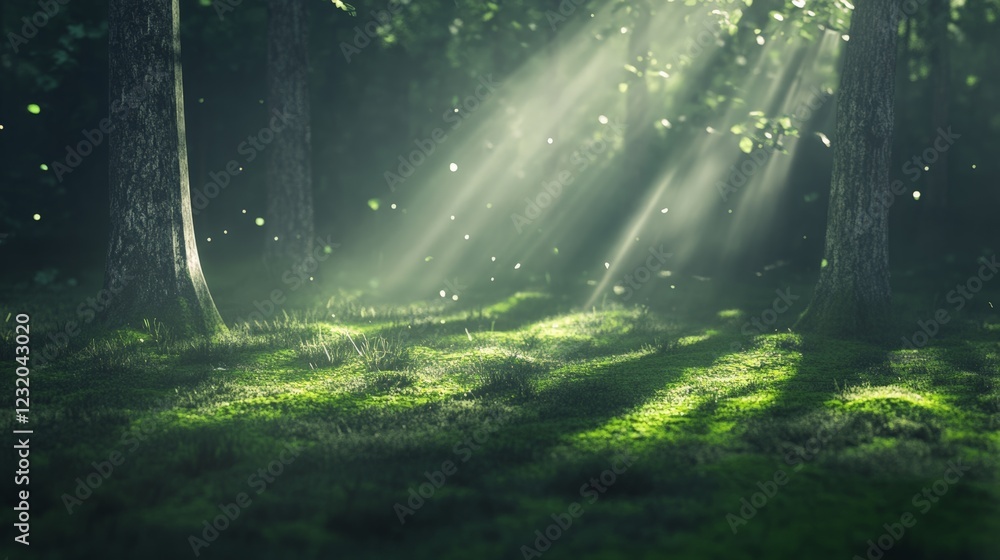 Poster Sunbeams are filtering through the trees in a magical forest illuminating the lush green moss covering the ground, creating a serene and enchanting atmosphere