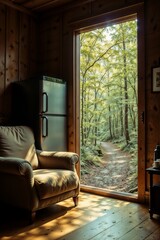 Serene Cabin Interior with Luminous Forest Escape