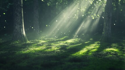 Obraz premium Sunbeams are filtering through the trees in a magical forest illuminating the lush green moss covering the ground, creating a serene and enchanting atmosphere