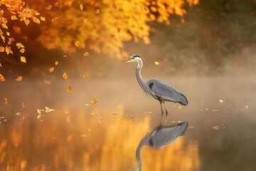 elegant heron in morning fog, reflected in copper-tinted autumn waters, surrounded by falling golden leaves