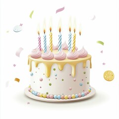 A colorful birthday cake with candles, sprinkles, and dripping icing, surrounded by festive confetti.