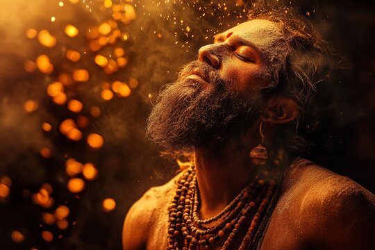Naga sadhu covered with ashes dancing at kumbh mela festival