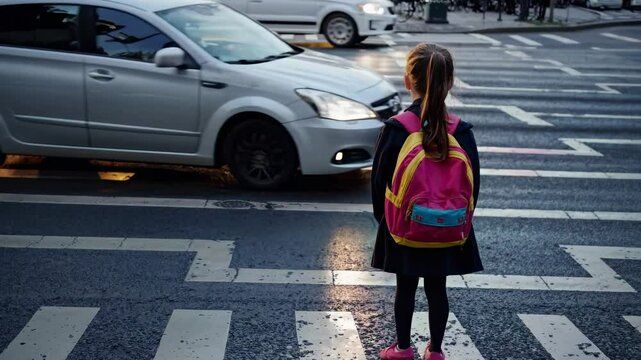 Elementary school student wearing pink backpack standing on pedestrian crossing, waiting patiently while cars pass by in urban street environment during morning commute