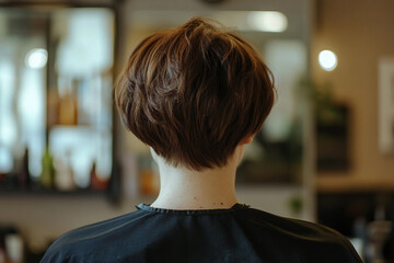 Woman showing her new hair in a hair salon generative ai