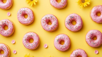 Pink donuts with various toppings like sprinkles and icing arranged in a fun, repeating design on a bright yellow background.