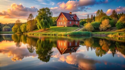 Fototapeta premium Rustic red brick house situated on a hill overlooking a serene lake with mirror-reflected image of surrounding trees and sky at sunset , architecture, rural