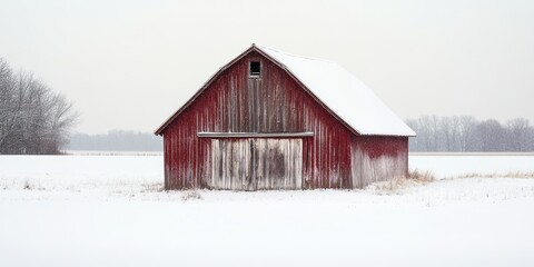 An old red barn covered in snow in a tranquil winter landscape.