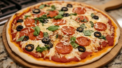 A homemade pizza being prepared on a kitchen counter with fresh ingredients