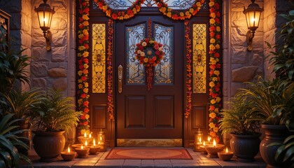  fDiwali Front Door An inviting front door decorated with beautiful diyas, colorful lights, and fresh garlands, symbolizing the spirit of Diwali and welcoming guests with joy.