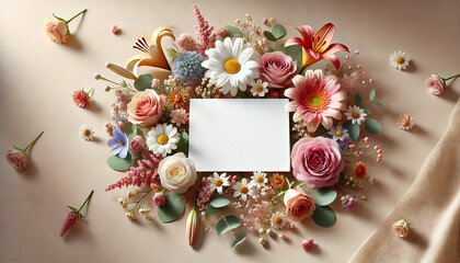 Wedding, birthday stationery mock-up scene. Blank paper greeting card, invitation. A blank mock-up card is on a table. Decorative floral composition. Table number card mockup with flowers. 