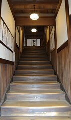 Wooden staircase in traditional Japanese house interior with framed art